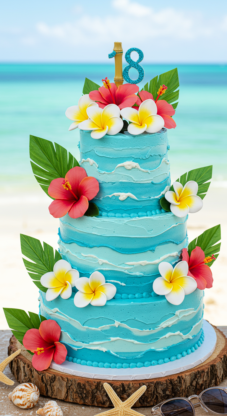 Dreistöckige türkise Torte mit tropischen Blüten und Blättern,