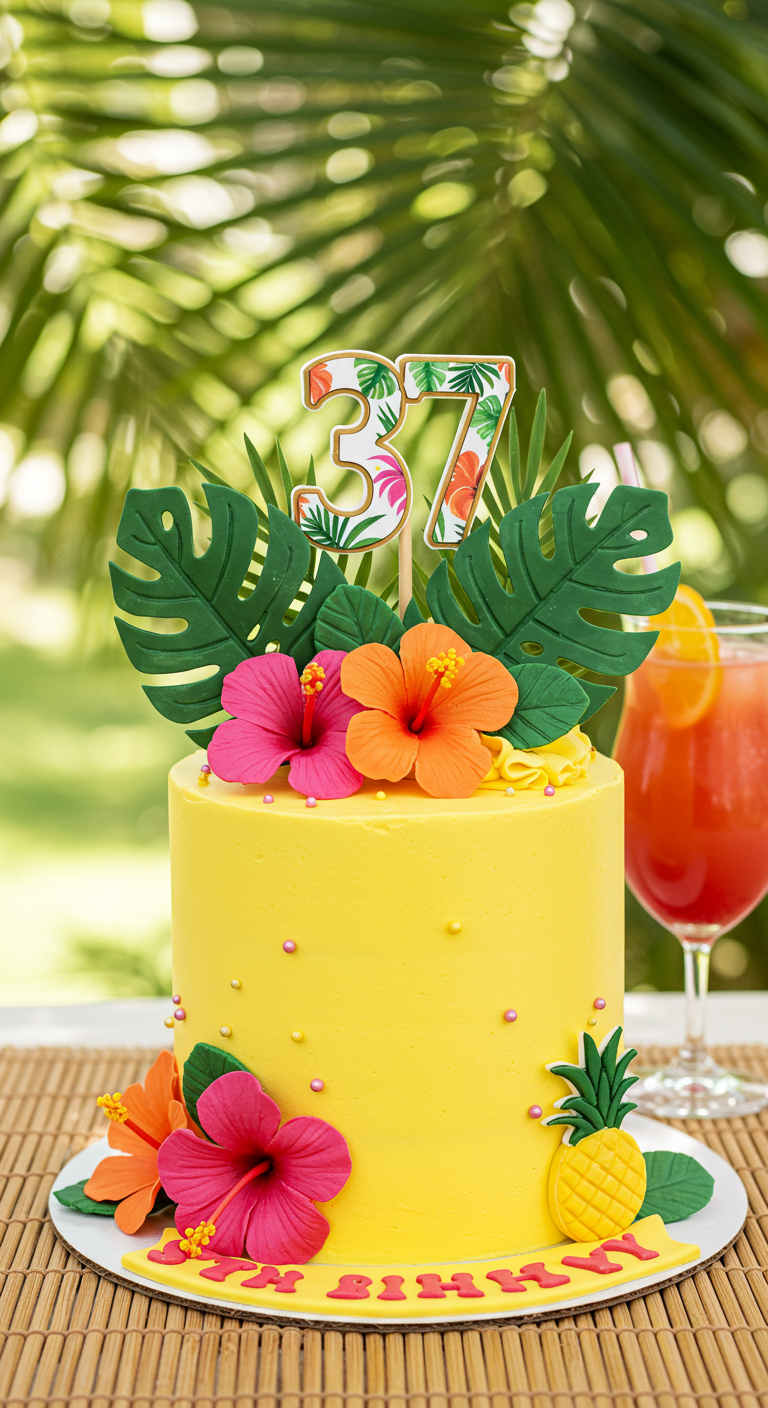 Gelbe Torte mit Hibiskusblüten, Monsterablättern aus Fondant und tropischer „37“.