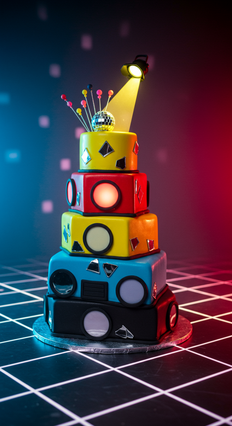 Mehrstöckige Torte als DJ-Pult mit Lautsprechern, Mini-Diskokugel und Spotlight.