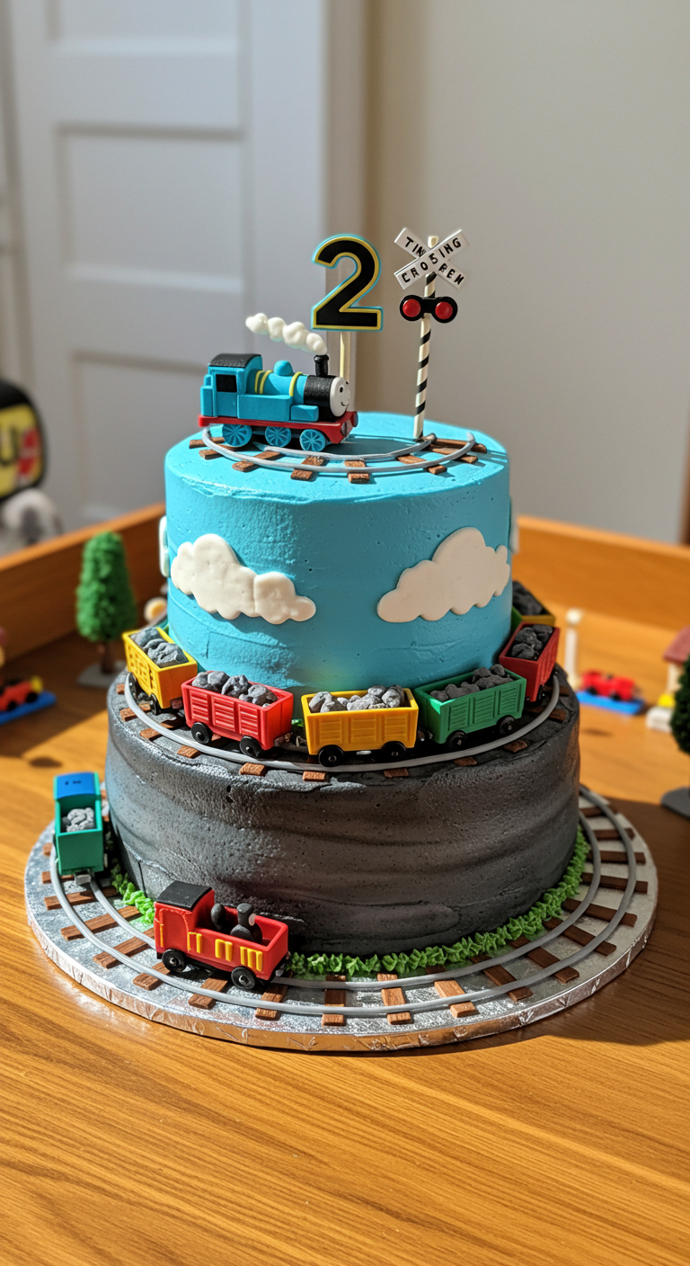 Zweistöckige Thomas die Lokomotive Torte mit Schienen und Waggons.
