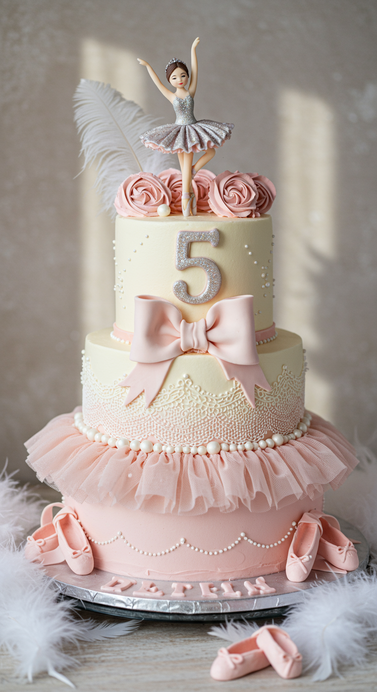 Elegante Ballerina-Torte in Rosa und Weiß mit Tüllrock und Ballerina-Figur.