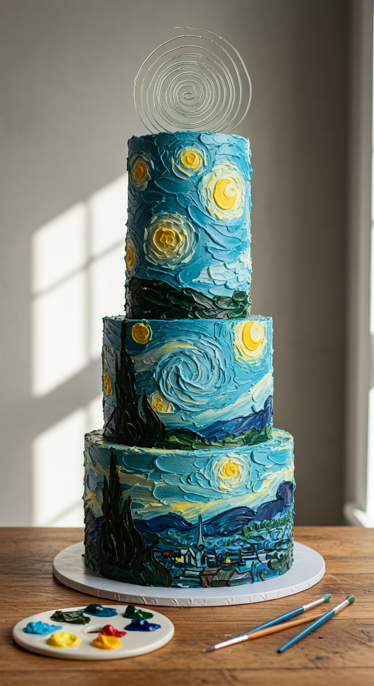 Dreistöckige Torte, bemalt im Stil von Van Goghs Sternennacht mit dicken Buttercreme-Pinselstrichen.