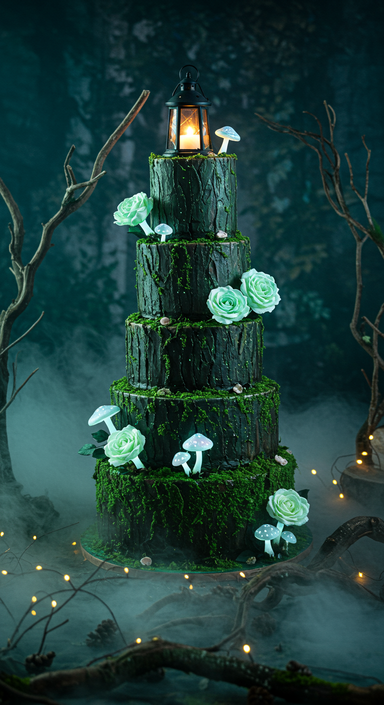 Mehrstöckige Torte in Baumrindenoptik mit Moos, mintgrünen Rosen, Pilzen und Laterne.