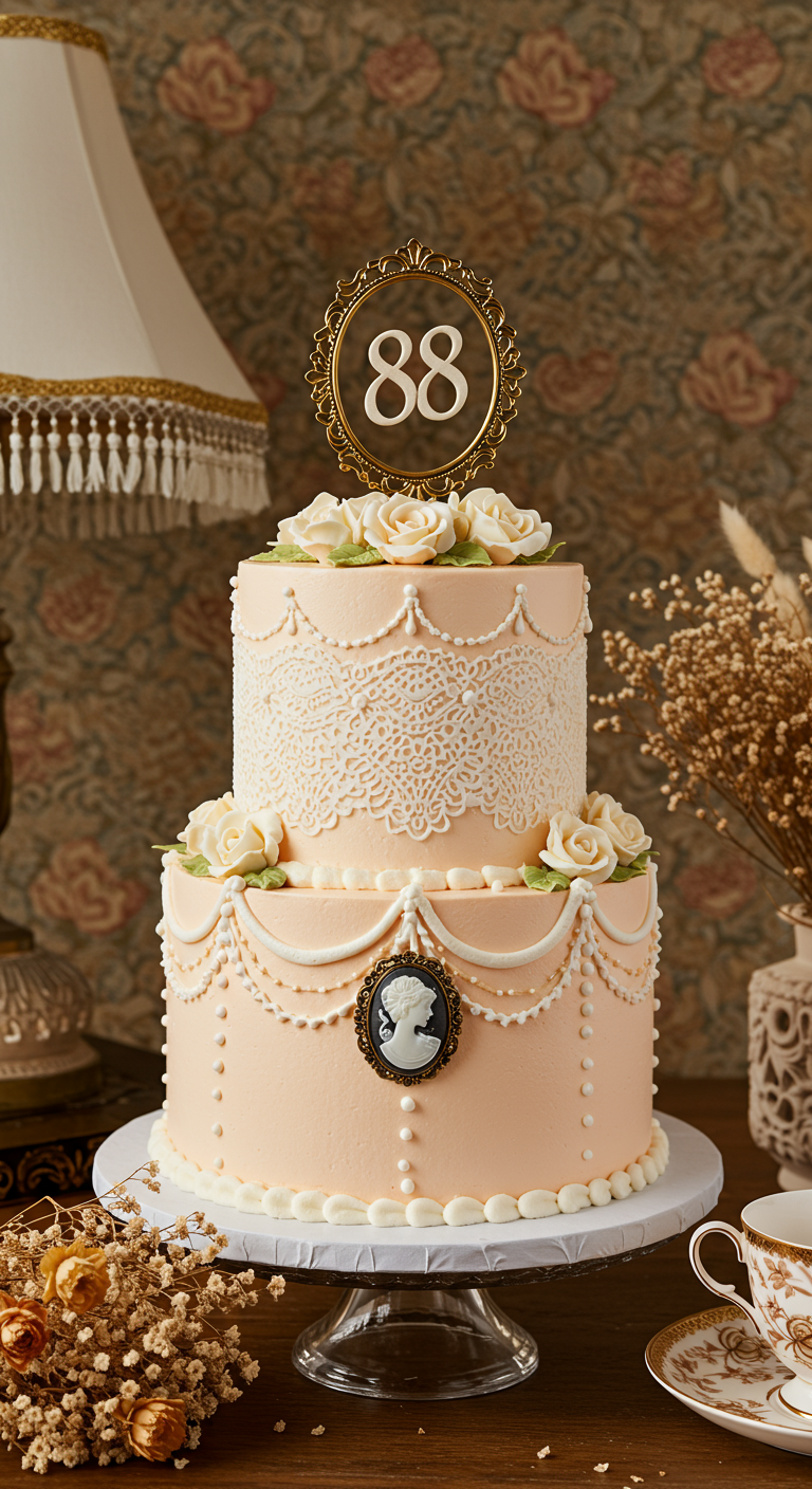 Zweistöckige pfirsichfarbene Torte mit weißer Spitze, Kamee und Rosen.