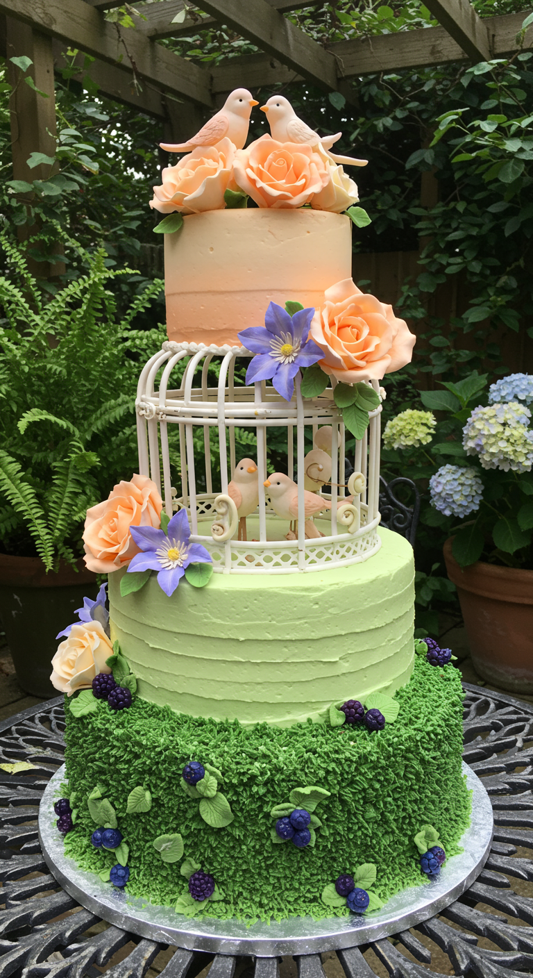 Mehrstöckige Torte mit integriertem weißen Vogelkäfig, Zuckerblumen und Gras aus Buttercreme.