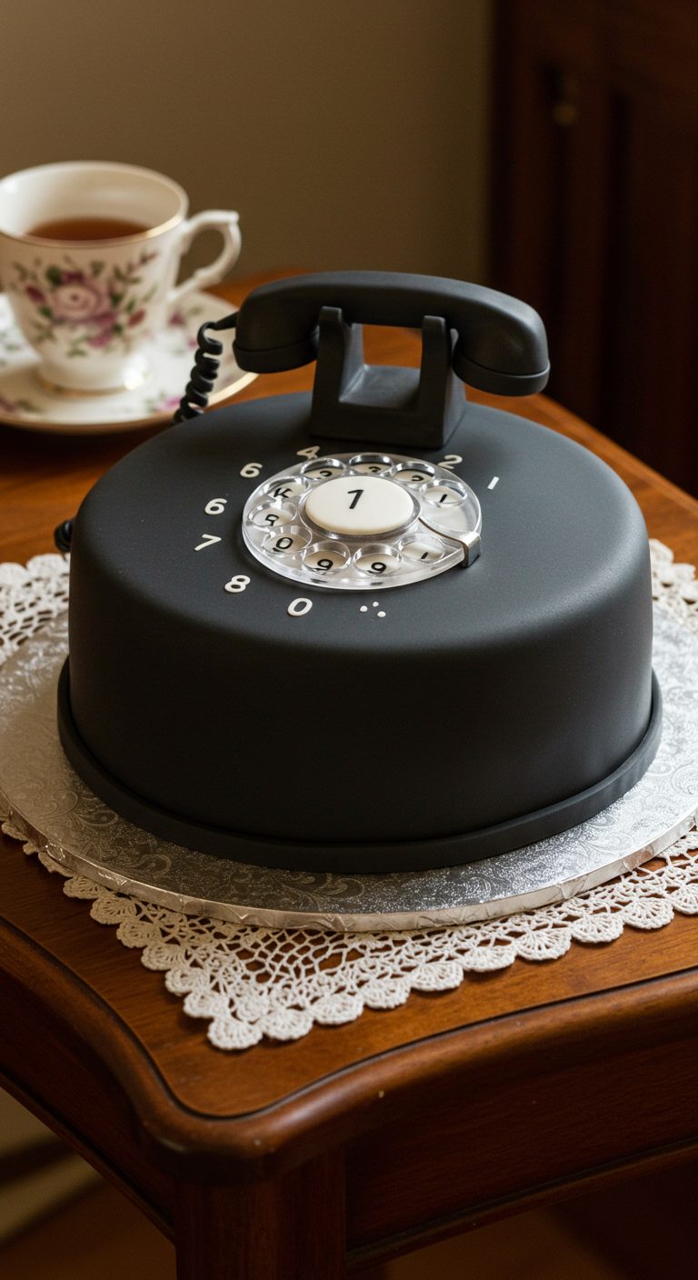 Schwarze Wählscheibentelefon-Torte auf einem silbernen Tortenteller mit Spitzendeckchen