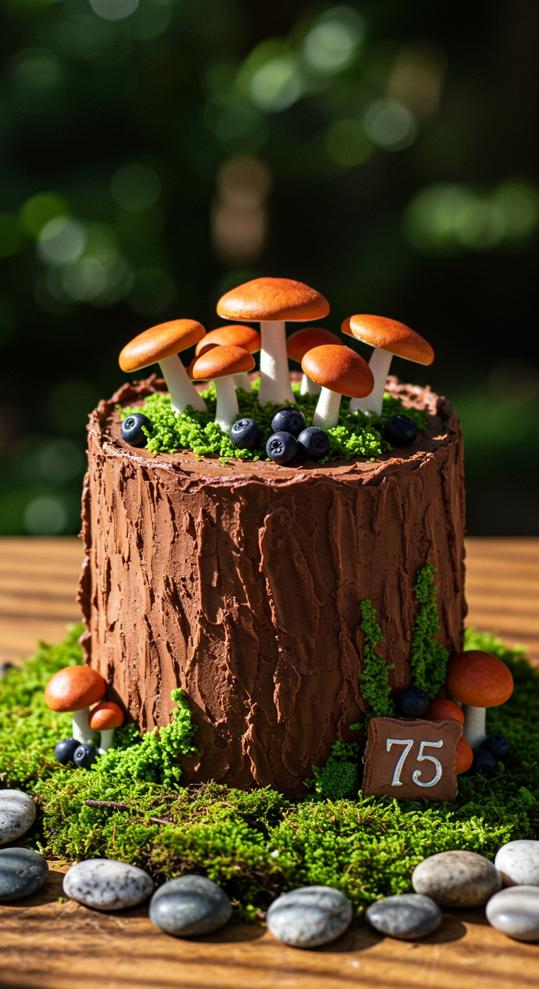 Torte in Baumstamm-Optik mit Marzipanpilzen, Blaubeeren und Moos aus Kokosraspeln.