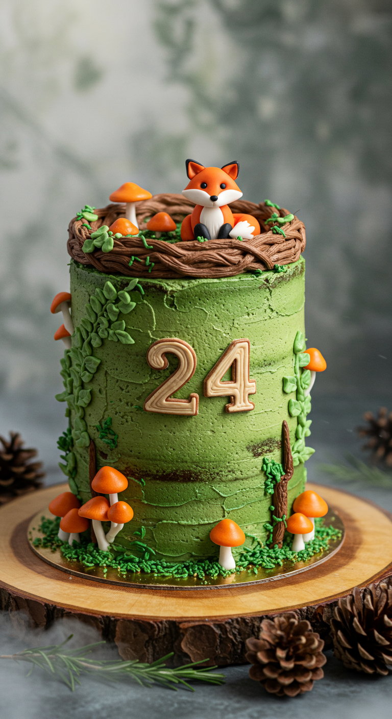Grüne Waldtorte mit Baumrindenoptik, Pilzen, Blättern und einer Fuchfigur, Zahl 24 aus Holz.