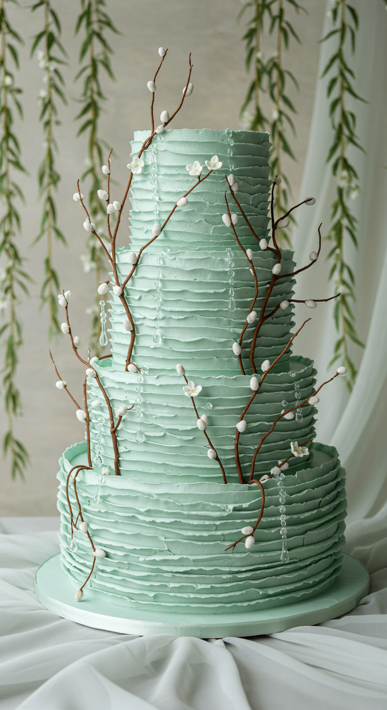 Hohe, mehrstöckige mintgrüne Torte mit Buttercreme-Rüschen und Weidenkätzchenzweigen.