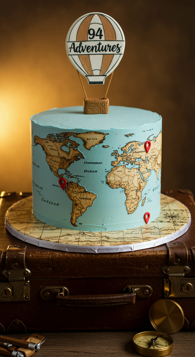 Blaue Torte mit Weltkarte und Heißluftballon-Topper '94 Adventures'.