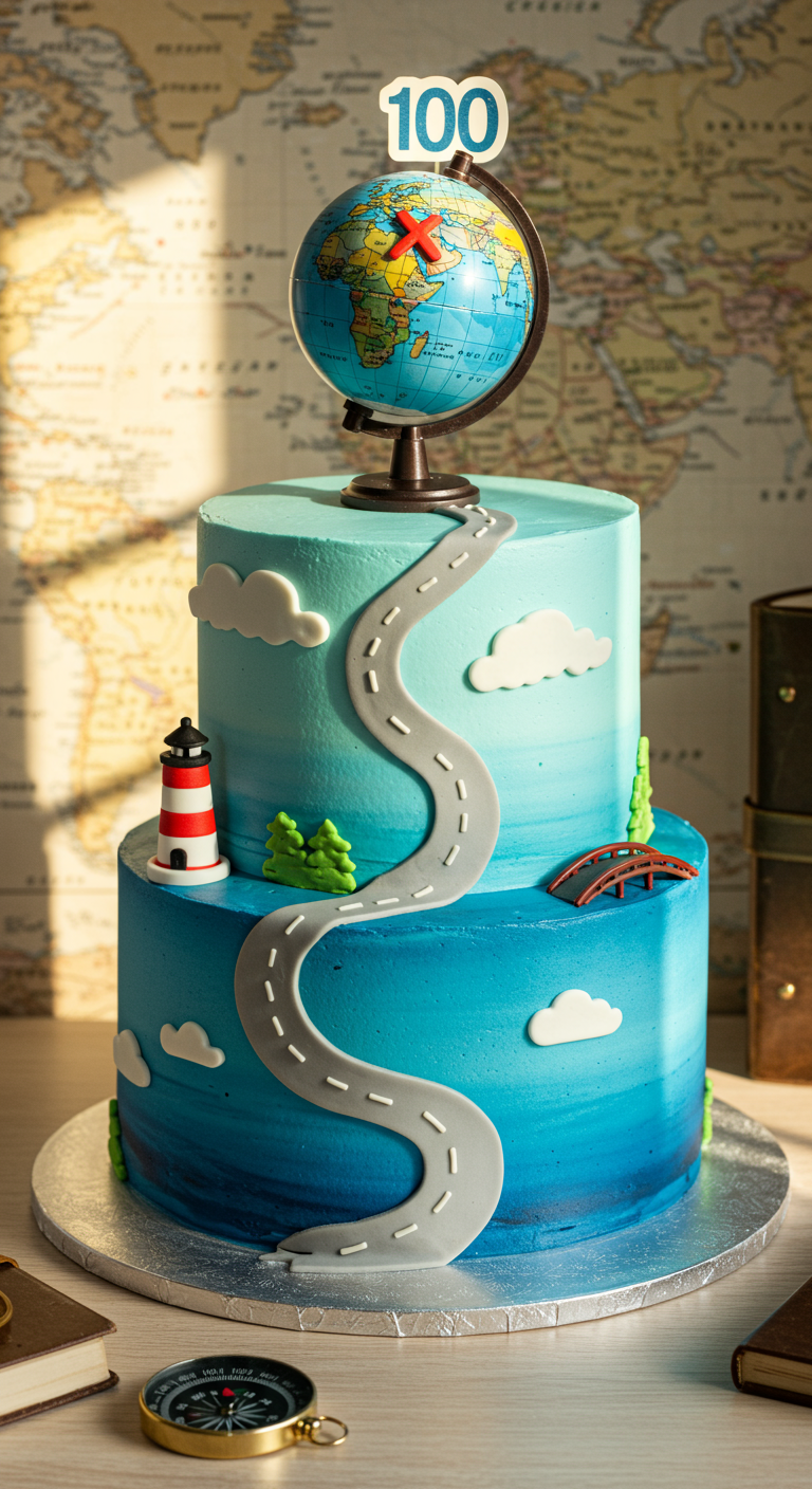 Blaue zweistöckige Torte mit Globus-Topper, Straße und Reisemotiven.