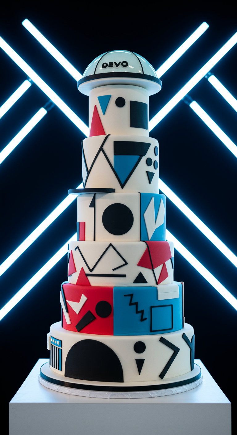 Hohe, mehrstöckige Torte mit geometrischen Mustern und einem Devo