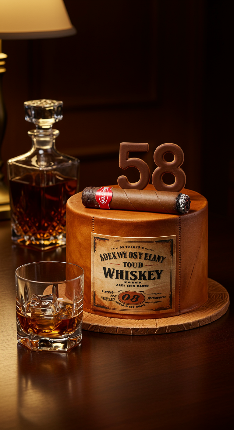 Torte in Form einer Whiskeyflasche oder -kiste mit Zigarre und Zahl 58 aus Schokolade.