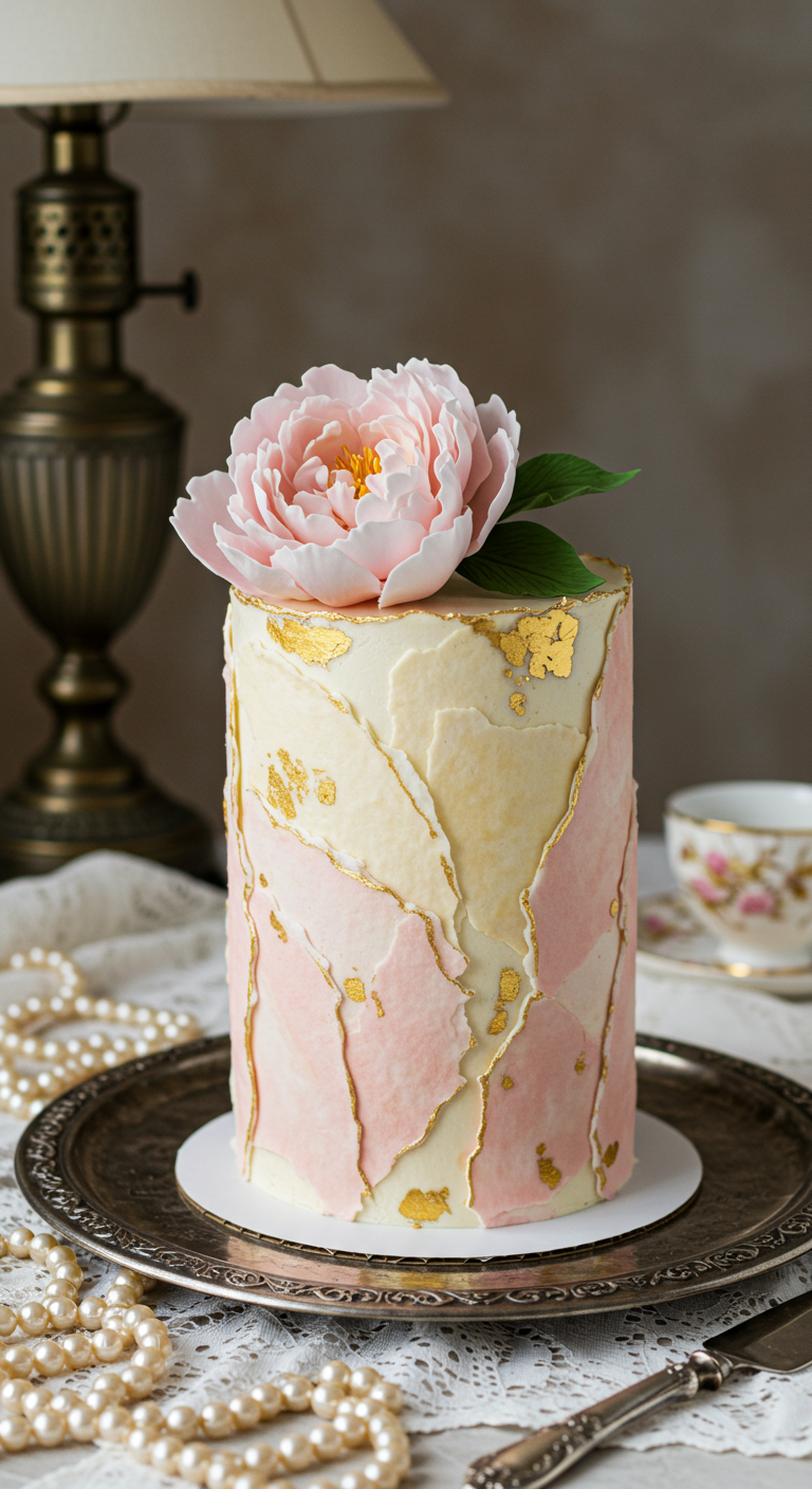 Hohe Torte mit rosa-weißem Marmor-Effekt, Goldlinien und rosa Zucker-Pfingstrose