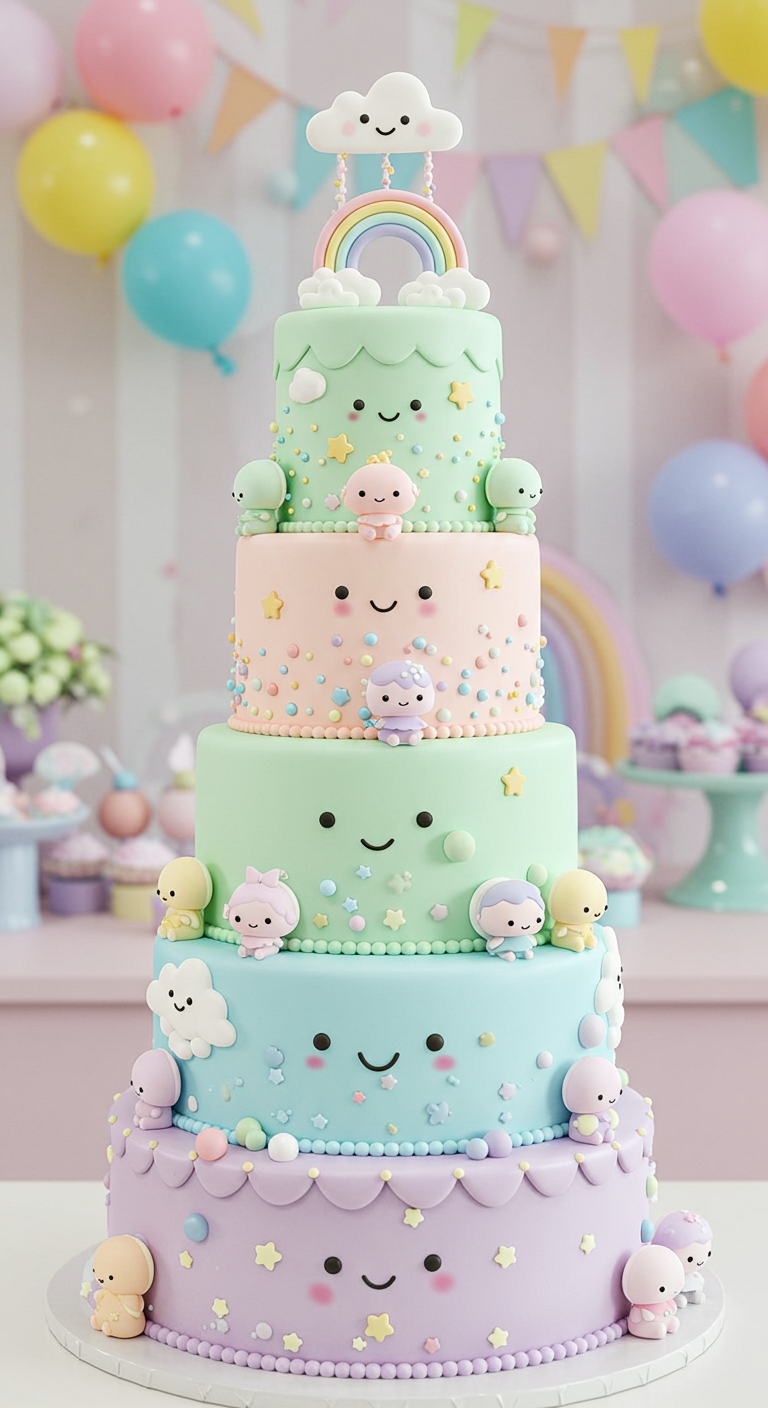Mehrstöckige Pastell-Torte mit süßen Gesichtern und Kawaii-Figuren.