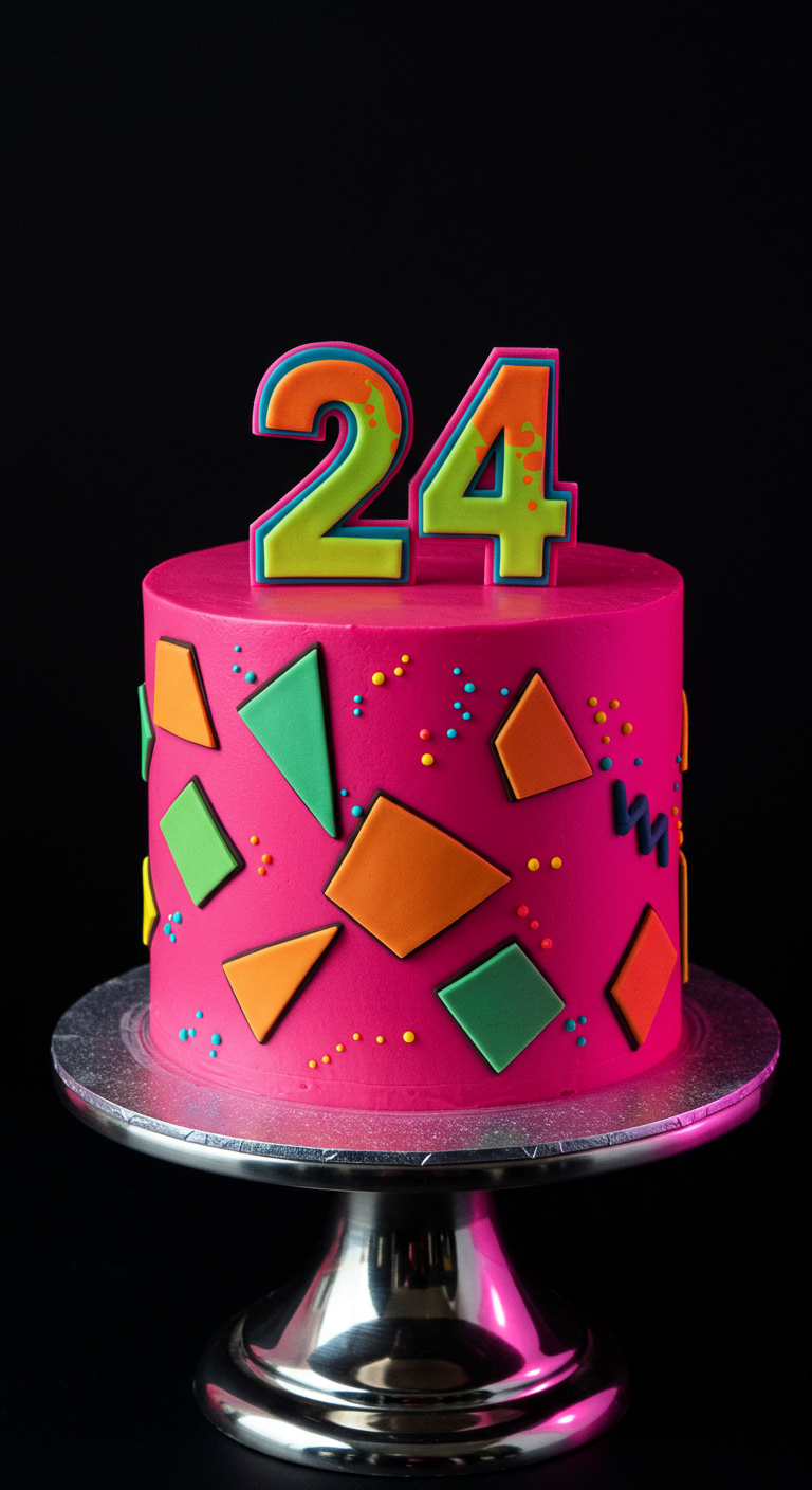 Pinke Torte im 80er-Jahre-Stil mit bunten geometrischen Formen und Neon-Zahl 24 Topper.
