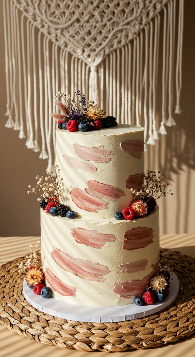 Zweistöckige Torte mit rosa Pinselstrich-Deko, Beeren und Trockenblumen.