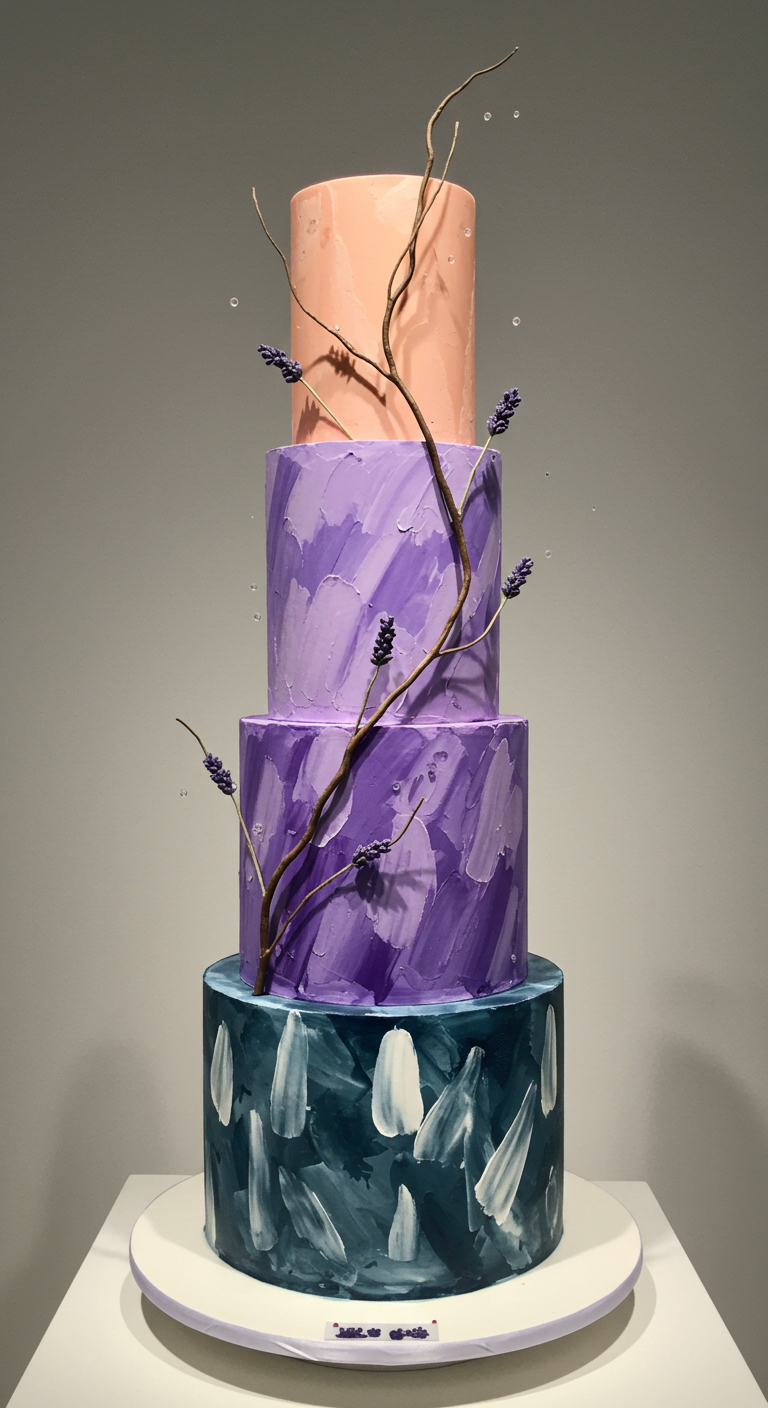 Vierstöckige Torte mit abstrakten Pinselstrichen in verschiedenen Farben und Astdeko.