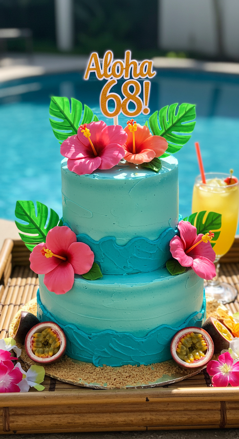 Zweistöckige türkise Torte mit Hibiskusblüten, Palmblättern und