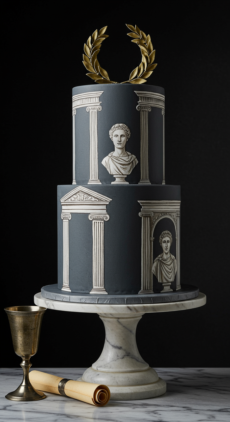 Zweistöckige graue Torte mit römischen Säulen und Büsten