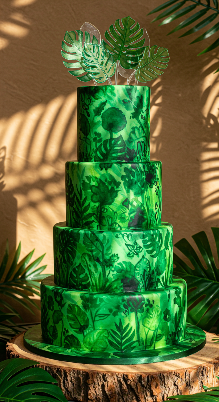 Mehrstöckige grüne Torte mit Aquarell-Dschungel-Motiven und Acryl-Blatt-Toppern.