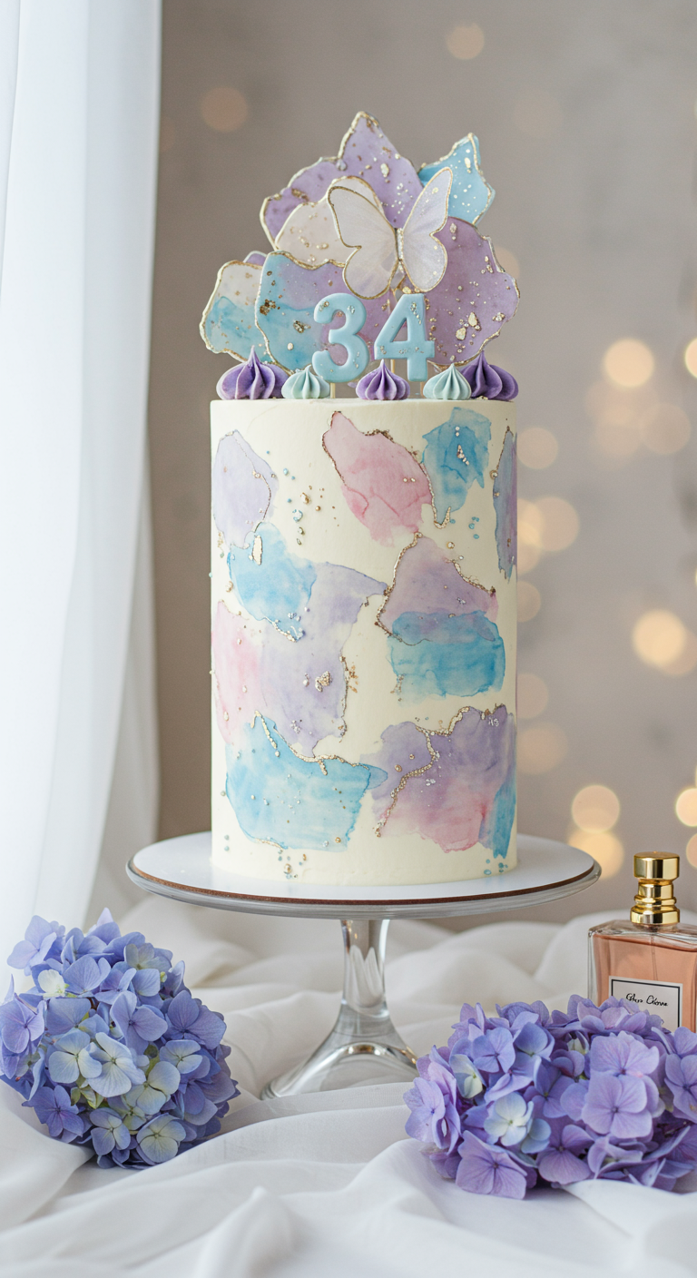 Hohe weiße Torte mit Aquarell-Effekten in Rosa, Blau, Lila und goldenen Schmetterlingen.