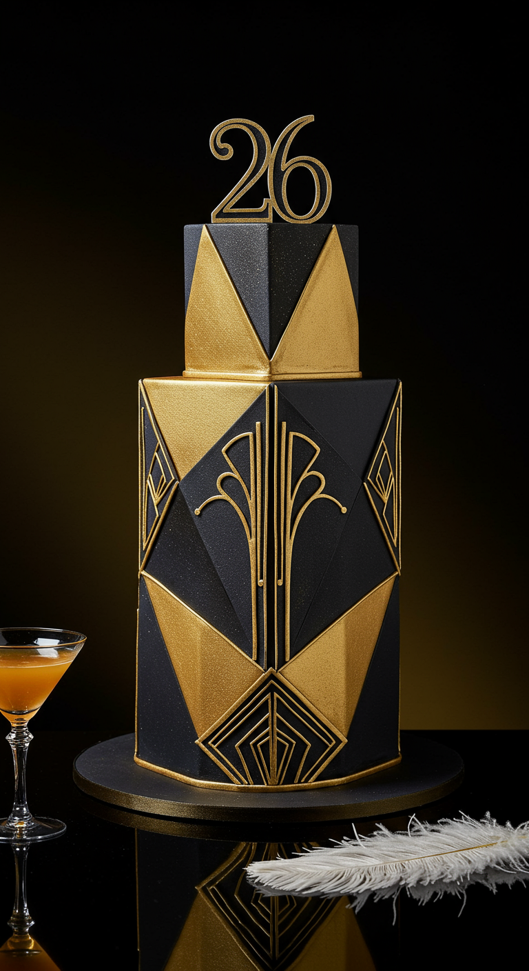 Zweistöckige schwarz-goldene Art-Déco-Torte mit Zahl 26.
