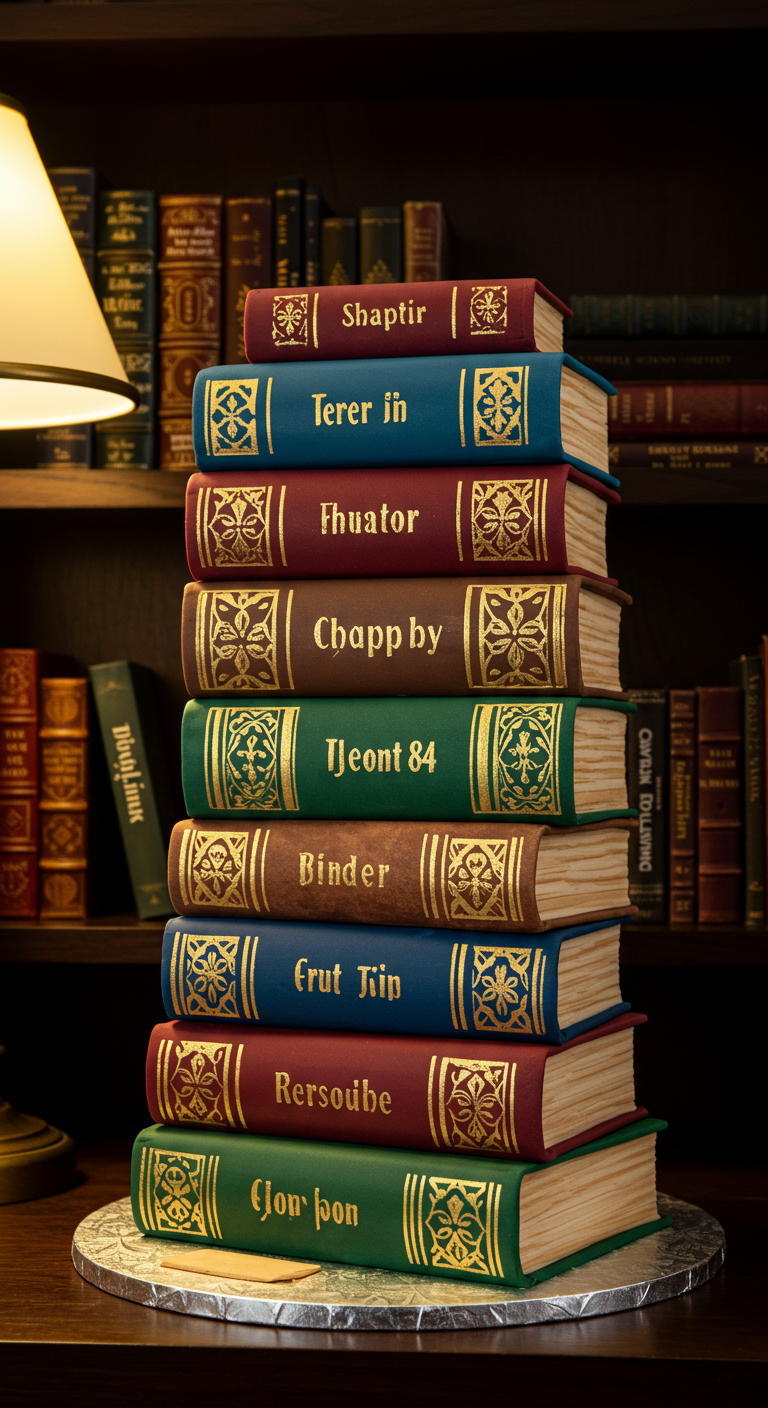 Kuchen in Form eines Stapels alter Bücher mit verzierten Buchrücken.