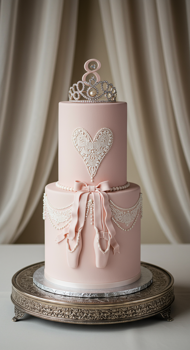 Elegante rosa Ballerina-Torte mit Spitzendetails, Ballettschuhen und Tiara