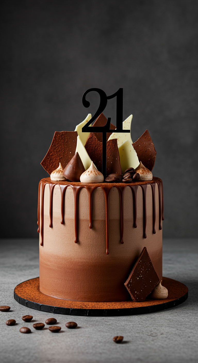 Schokoladen-Kaffee-Torte mit Drip, zweifarbiger Buttercreme und Schokostücken.