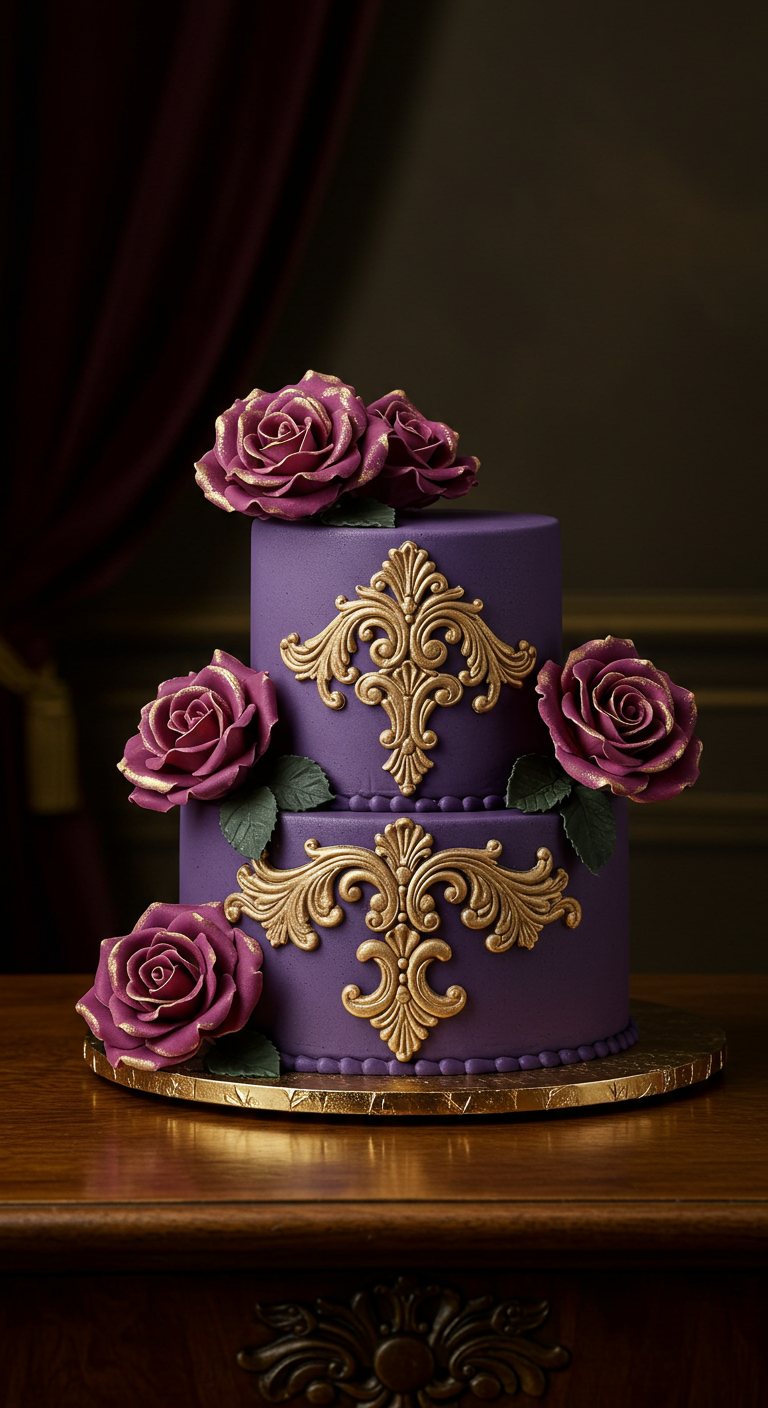 Zweistöckige lila Fondant-Torte mit goldenen Barock-Ornamenten und dunkellila Rosen mit Goldakzenten.