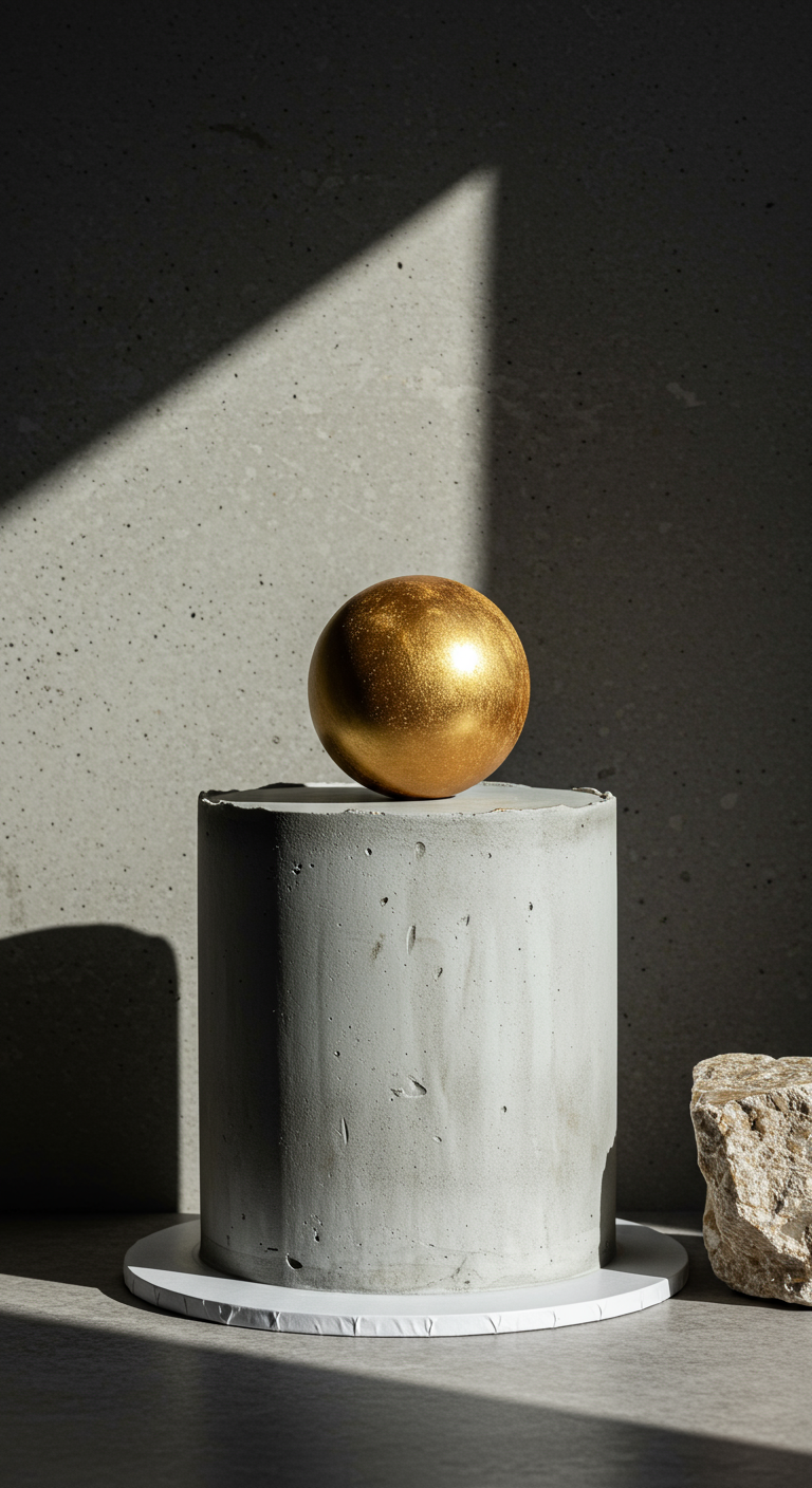 Graue Torte im Beton-Look mit einer einzelnen goldenen Kugel obendrauf.