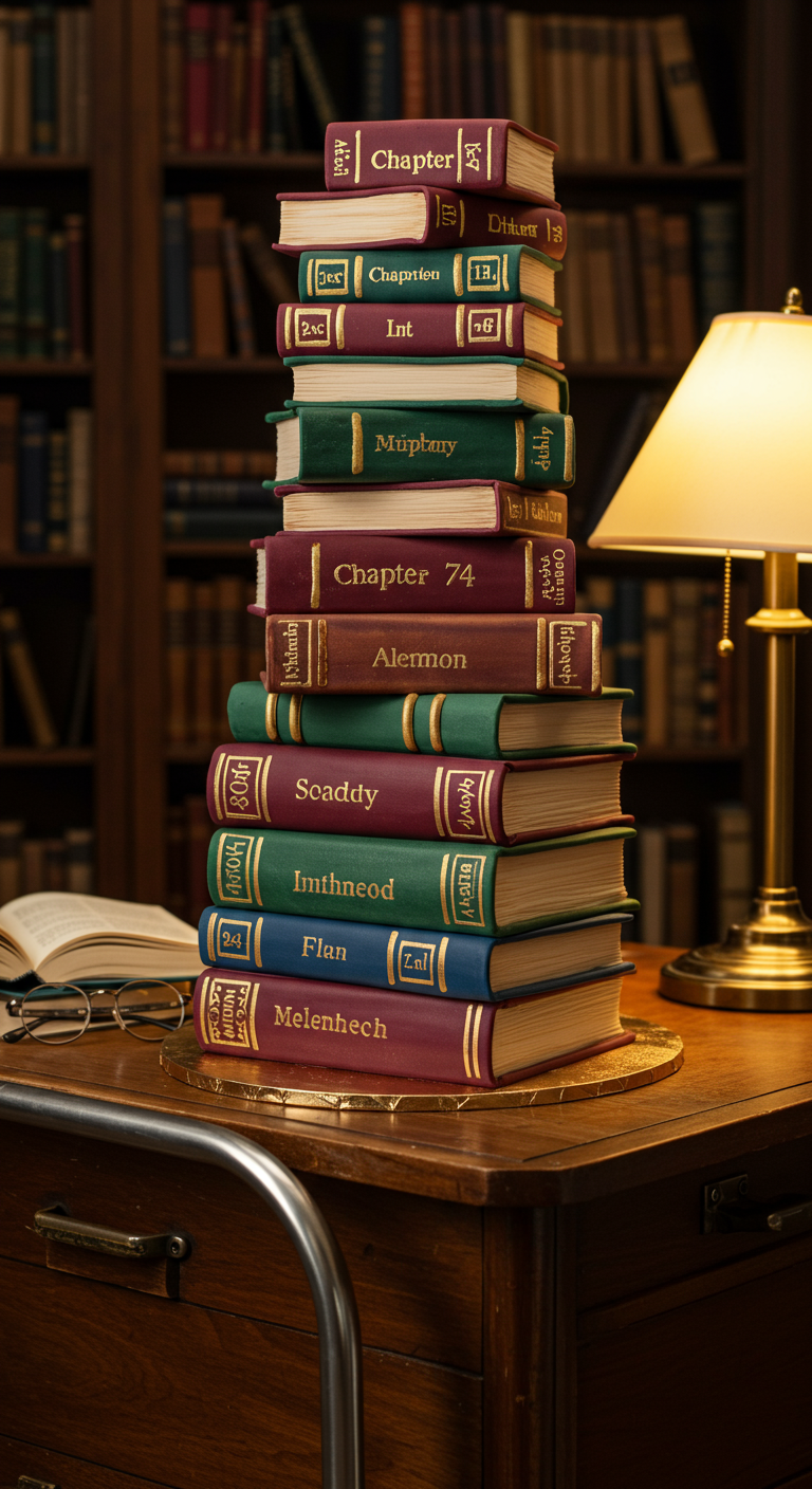 Torte in Form eines Stapels alter Bücher mit fantasievollen Titeln.
