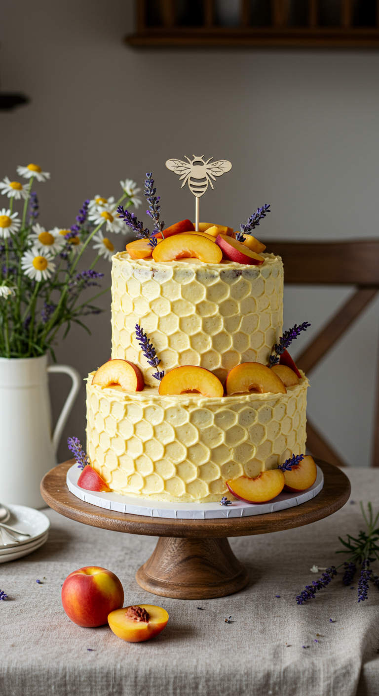 Zweistöckige gelbe Torte mit Wabenmuster, dekoriert mit Pfirsichspalten und Lavendel.
