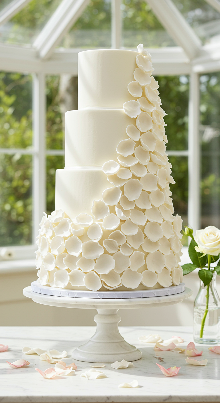 Dreistöckige weiße Torte, über und über mit herabfallenden weißen Zuckerblütenblättern bedeckt.