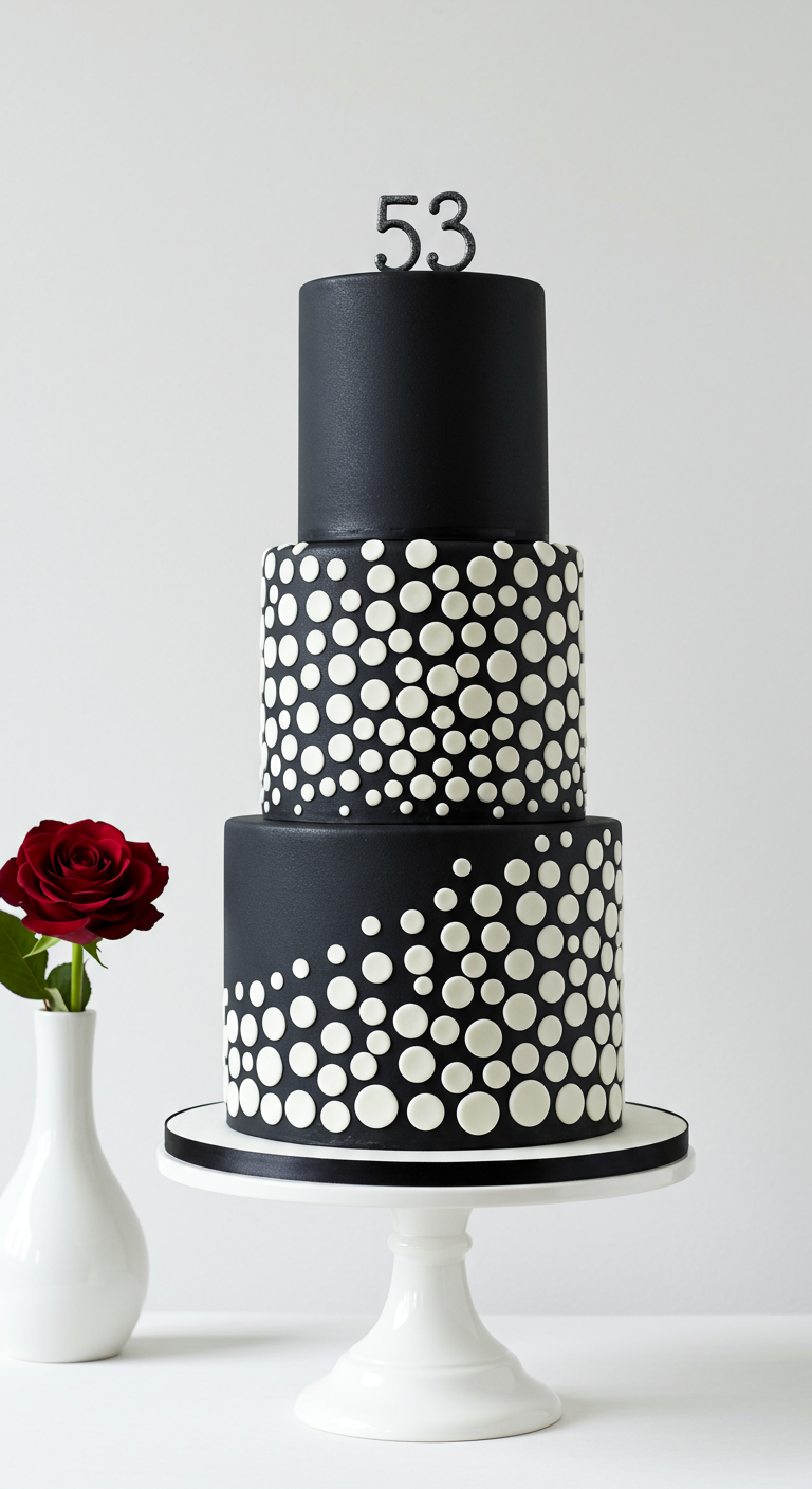 Dreistöckige schwarze Torte mit weißen, unterschiedlich großen Punkten und Zahl 53 Topper