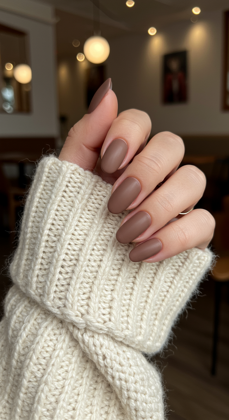 Ovale, matt-braune Nude-Nägel, Hand im Ärmel eines Strickpullovers.