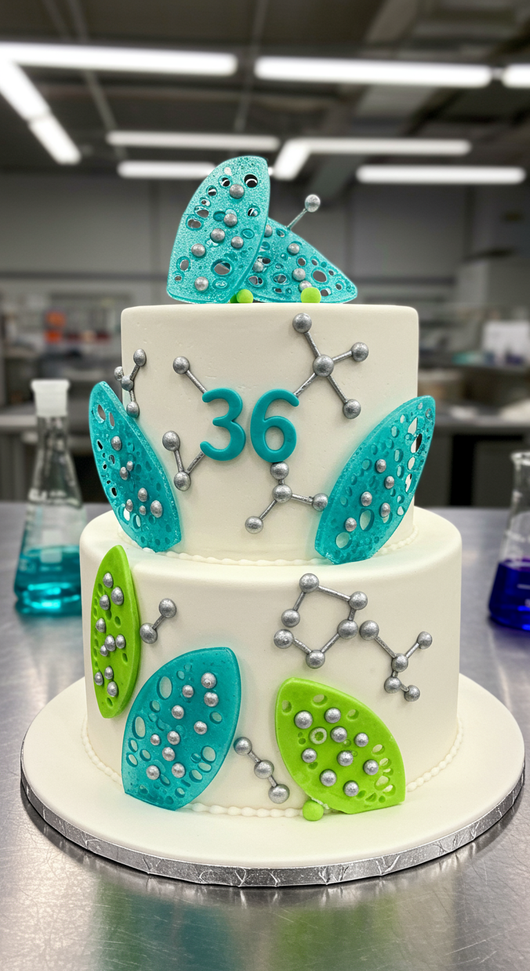 Zweistöckige weiße Torte mit Deko-Elementen im Stil eines Chemielabors, Zahl 36.