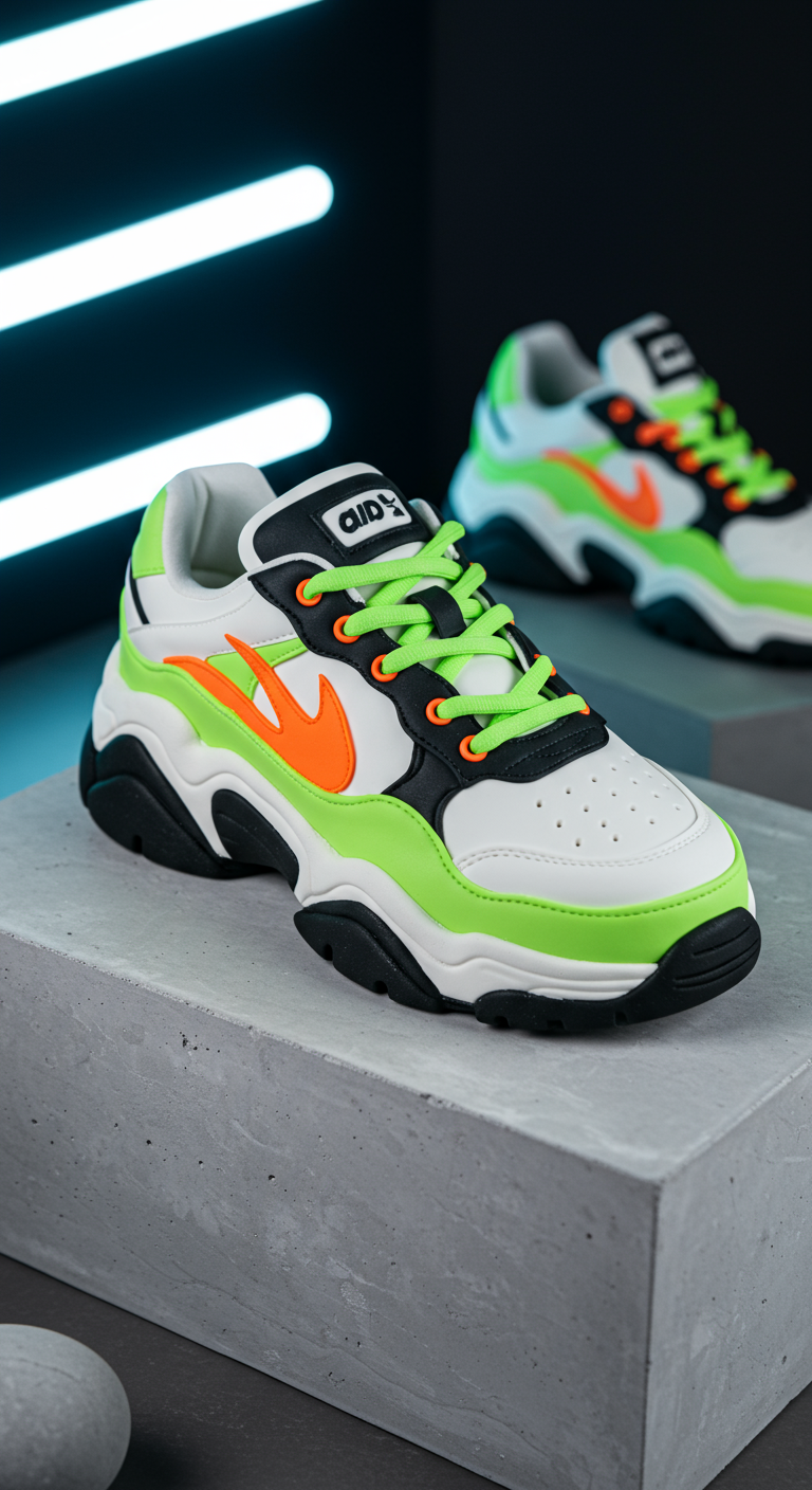Weiße klobige Sneaker mit Neon-grünen und orangen Akzenten als Torteninspiration.