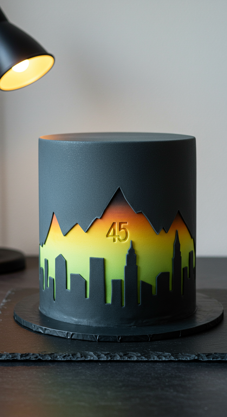 Dunkelgraue Torte mit schwarzer Stadtsilhouette und einem orange-gelben Sonnenuntergangs-Effekt dahinter.