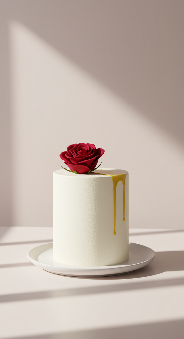 Minimalistische weiße Torte mit einer einzelnen roten Rose und goldenem Drip.