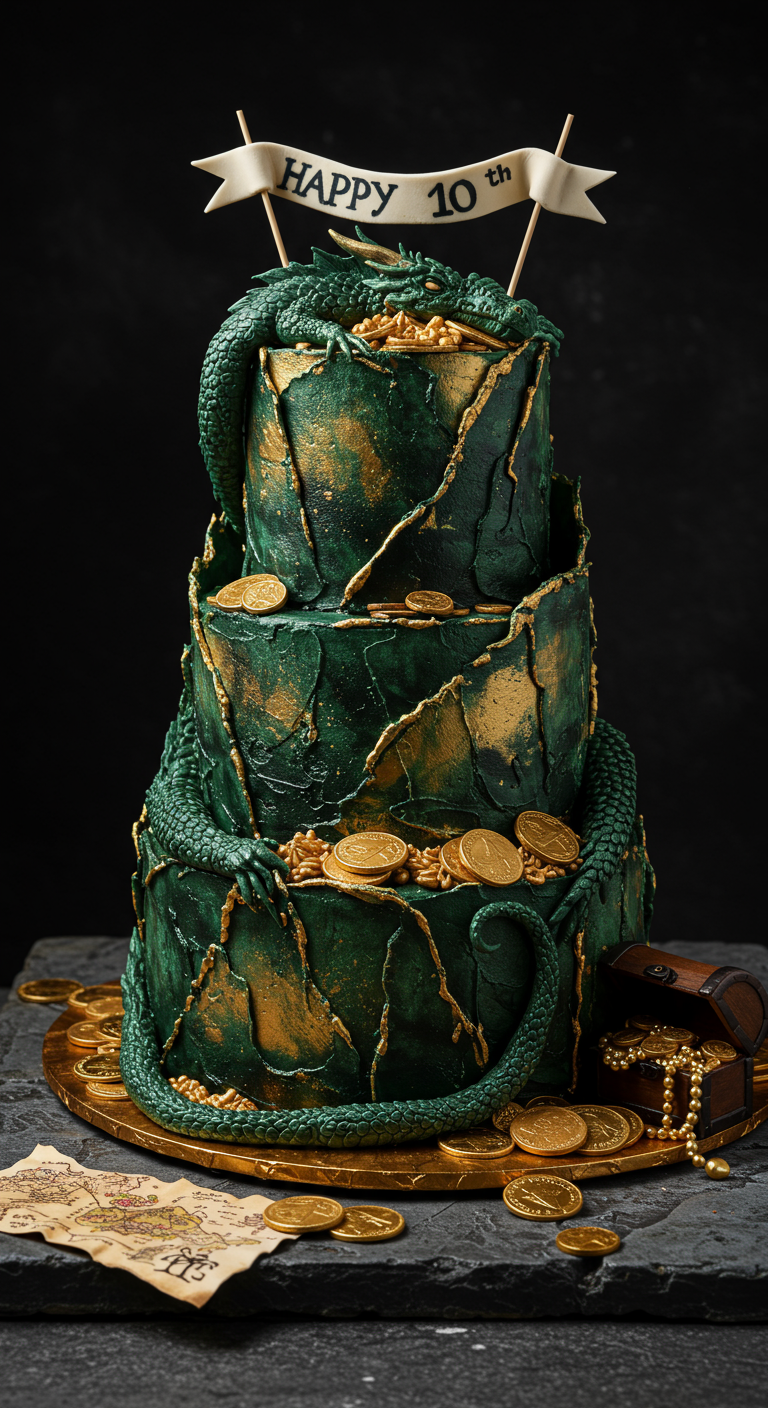 Dreistöckige, dunkelgrüne Torte mit goldenen Akzenten, um die sich ein Drache windet, umgeben von Goldmünzen.