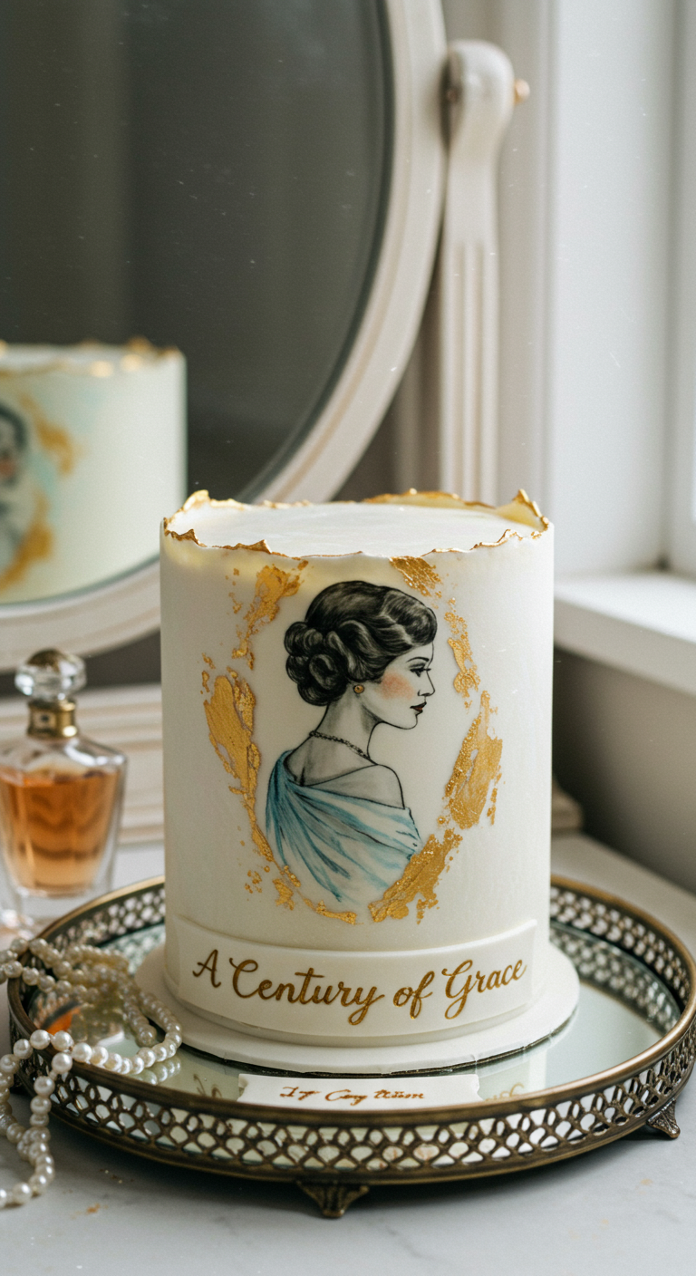 Weiße Torte mit handgemaltem Vintage-Frauenporträt und goldenen Akzenten.
