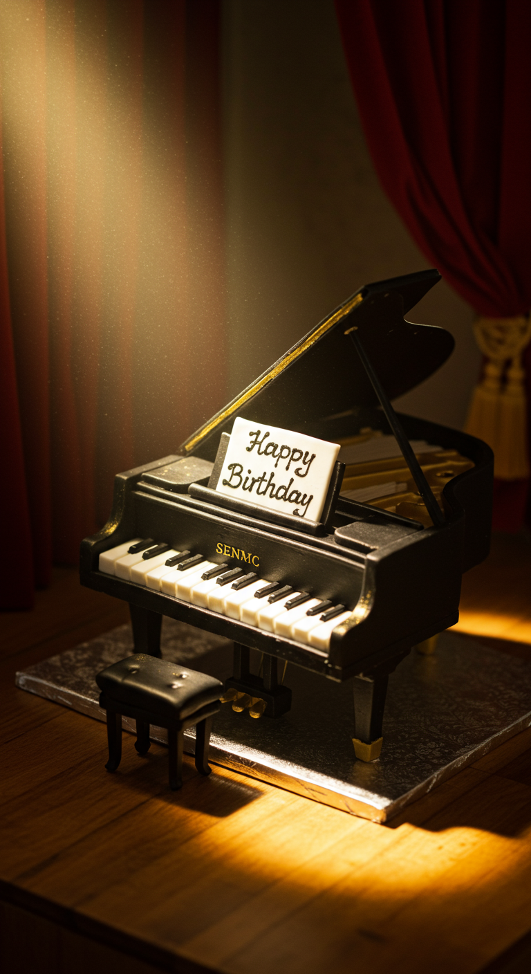 Detailgetreue Flügel-Torte in Schwarz mit Notenblatt „Happy Birthday“.