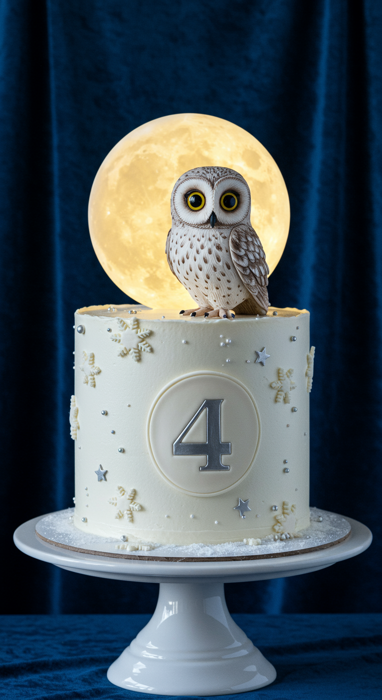 Weiße Torte mit Fondant-Eule, silberner 4 und Mond im Hintergrund.