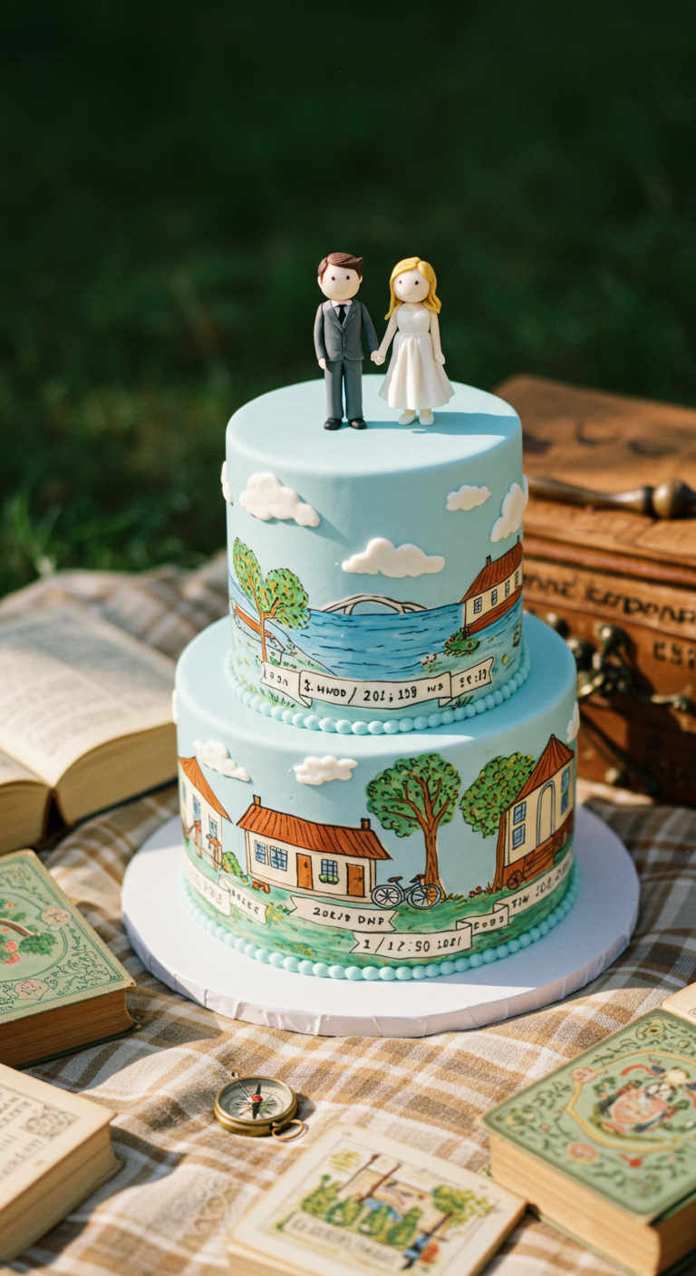 Hellblaue Torte mit handgemalten Landschaften und Brautpaar-Figuren.
