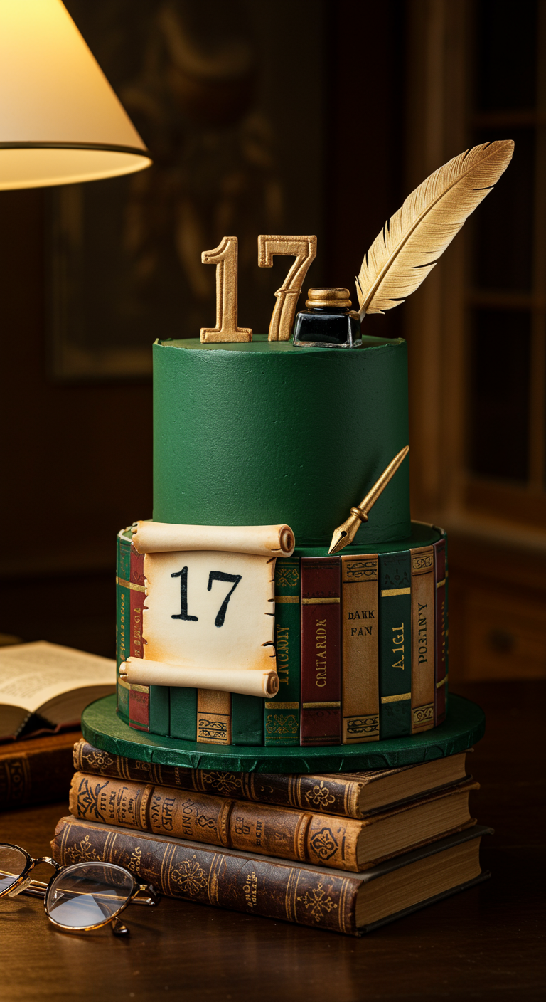 Torte dekoriert mit Fondant-Büchern, Federkiel und Tintenfass.
