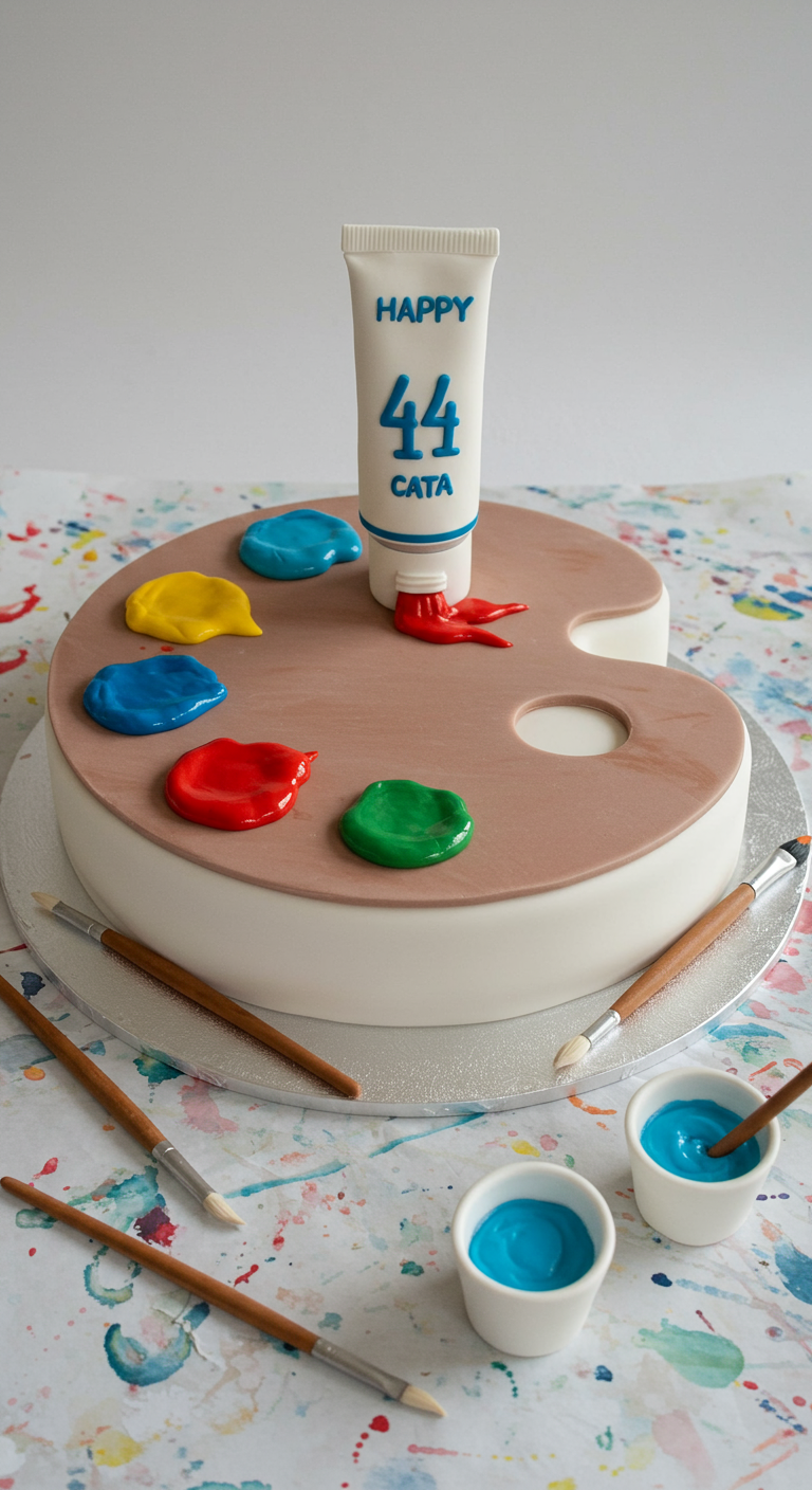 Torte in Form einer Malerpalette mit bunten Farbklecksen und einer Fondant-Farbtube.