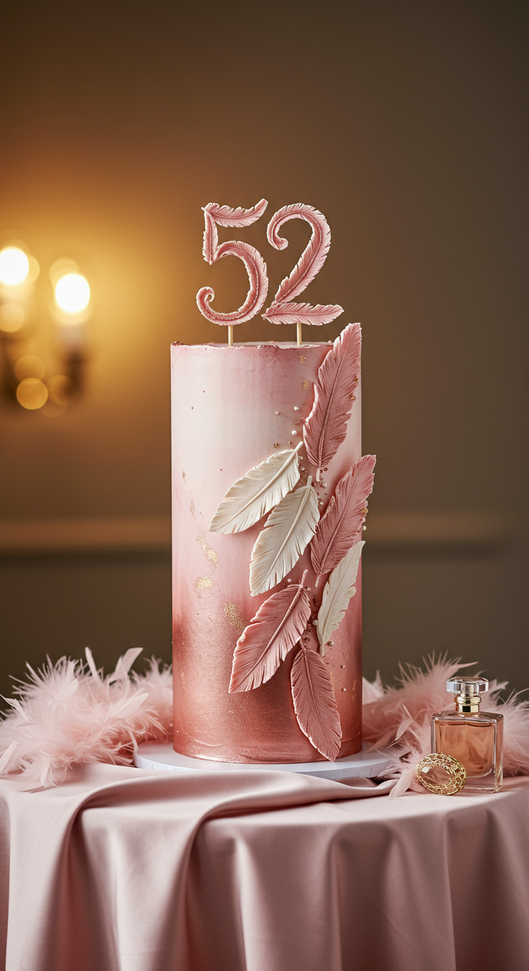 Hohe rosa Ombré-Torte mit rosa und weißen Wafer-Paper-Federn und 52-Topper.