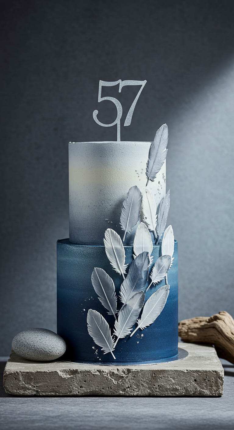 Zweistöckige Torte mit blau-weißem Ombré und silbernen Feder-Dekorationen.